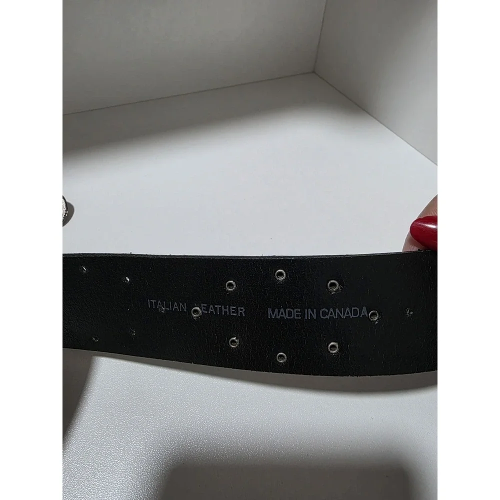 Juliana Italian Leather Black Belt Large Rhinestone Flower Buckle Made in Canada